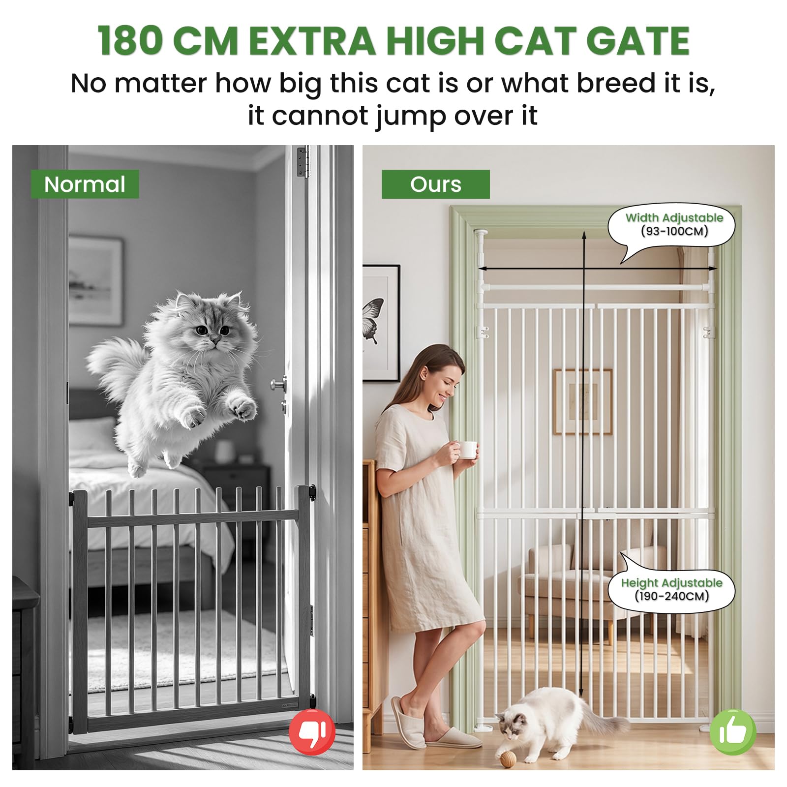 190cm Katzengitter Extra Hoch, 93-100cm Breites Türschutzgitter ohne Bohren | Türgitter Katze, Auszudehnbar Verstellbar Katzentür Gitter,Absperrgitter Hund, Überkletterschutz(L)