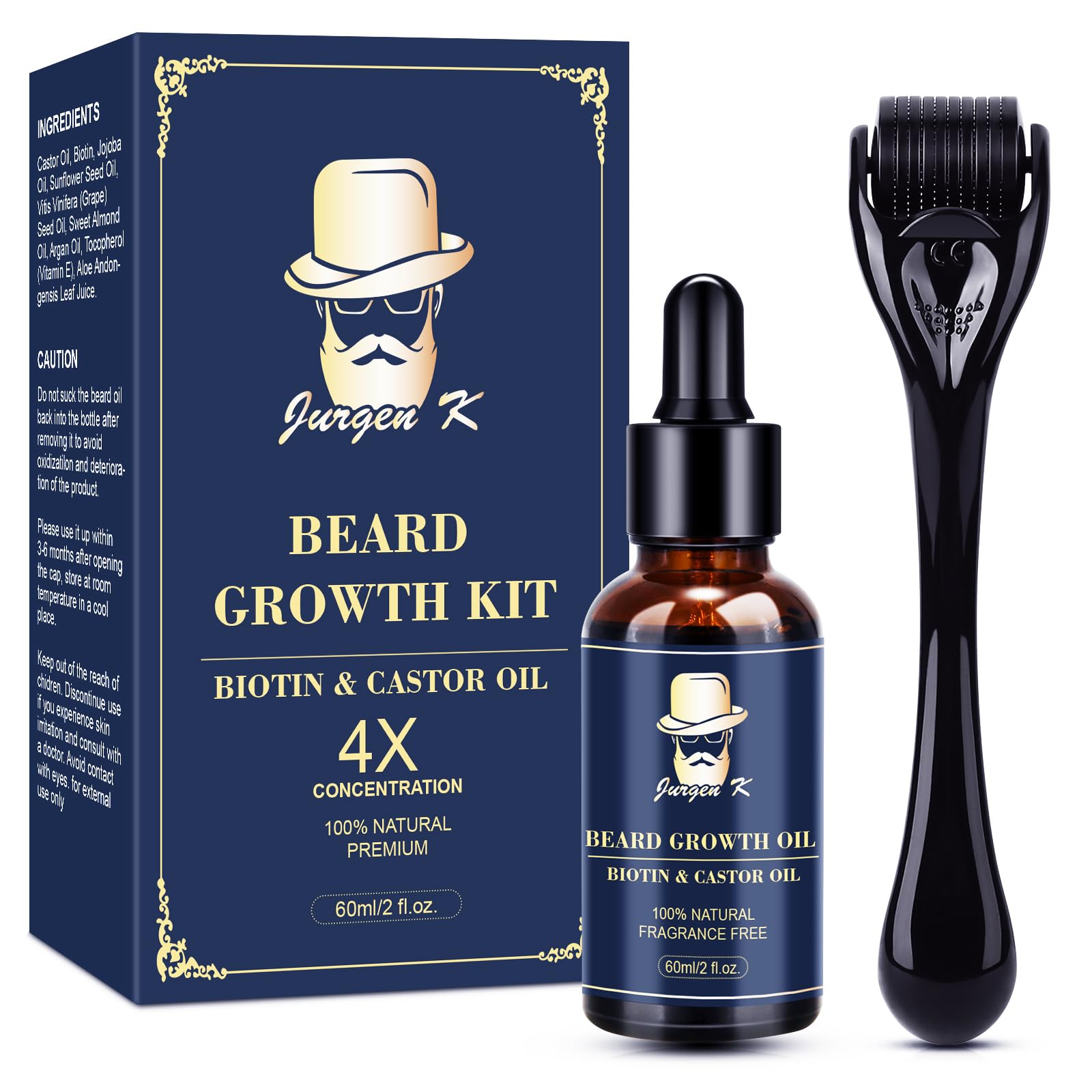 Jurgen K Beard Growth Kit, Upgraded Beard Growth Oil (2Oz) w/Biotin & Castor Oil, Beard Massager for Patchy/Spot Beard, Beard Kit for Men's Daily Grooming, Valentines Gifts for Him Boyfriend Husband
