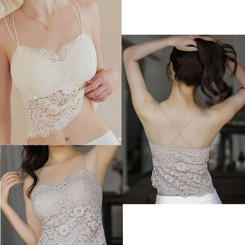 cepto♡back strap camisole Women's Lace Built In Bras Tank Top Spaghetti Strap Sexy Backless