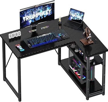 TRIUMPHKEY 100 * 80cm L Shaped Gaming Desk with Reversible Large Storage Shelves, Computer Desk Workstation Matching Under Desk Height Adjustable Storage, Home Office, Carbon Fibre Black