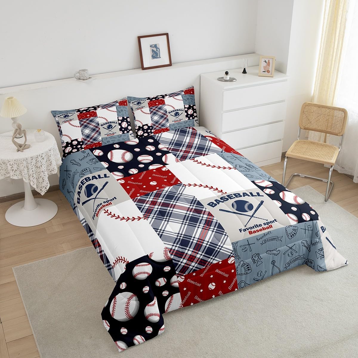 Erosebridal Baseball Print Quilt Twin Size Sports Games Bedding Set Ball Gaming Themed Comforter Set Patchwork Geometric Grid Bedding Comforter Sets Bedroom Decor,Blue Red White