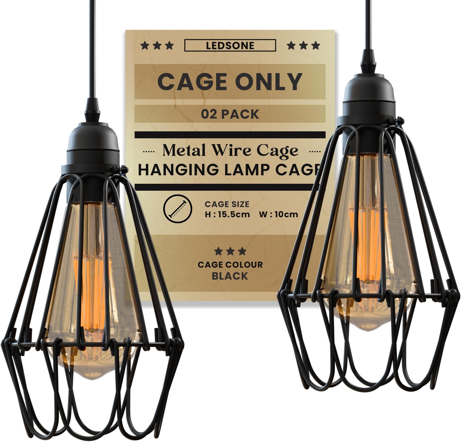 LEDSONE Metal Pendant Light with Wire Basket, Brushed Brass Lampshade, Set of 2, 4 Inch, Industrial Hanging, E27 Cage, Easy to Install (Black (Pack of 2))