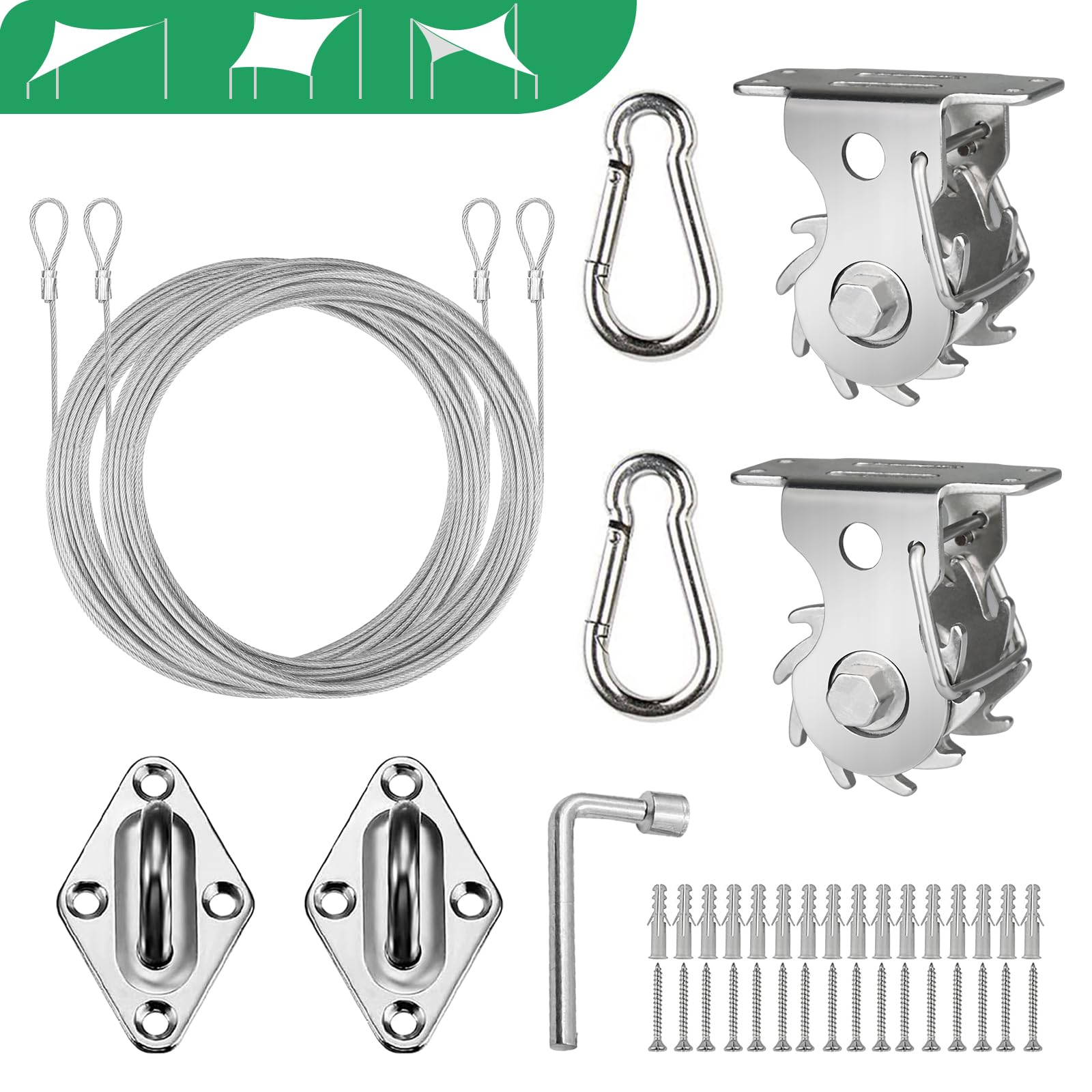 Shade Sail Hardware Kit Ratchet Winch Set Cable Rope Tightener 6 Inch Hanging Kit Pad Eyes Snap Hooks for Rectangle Square Triangle Shade Sail Installation