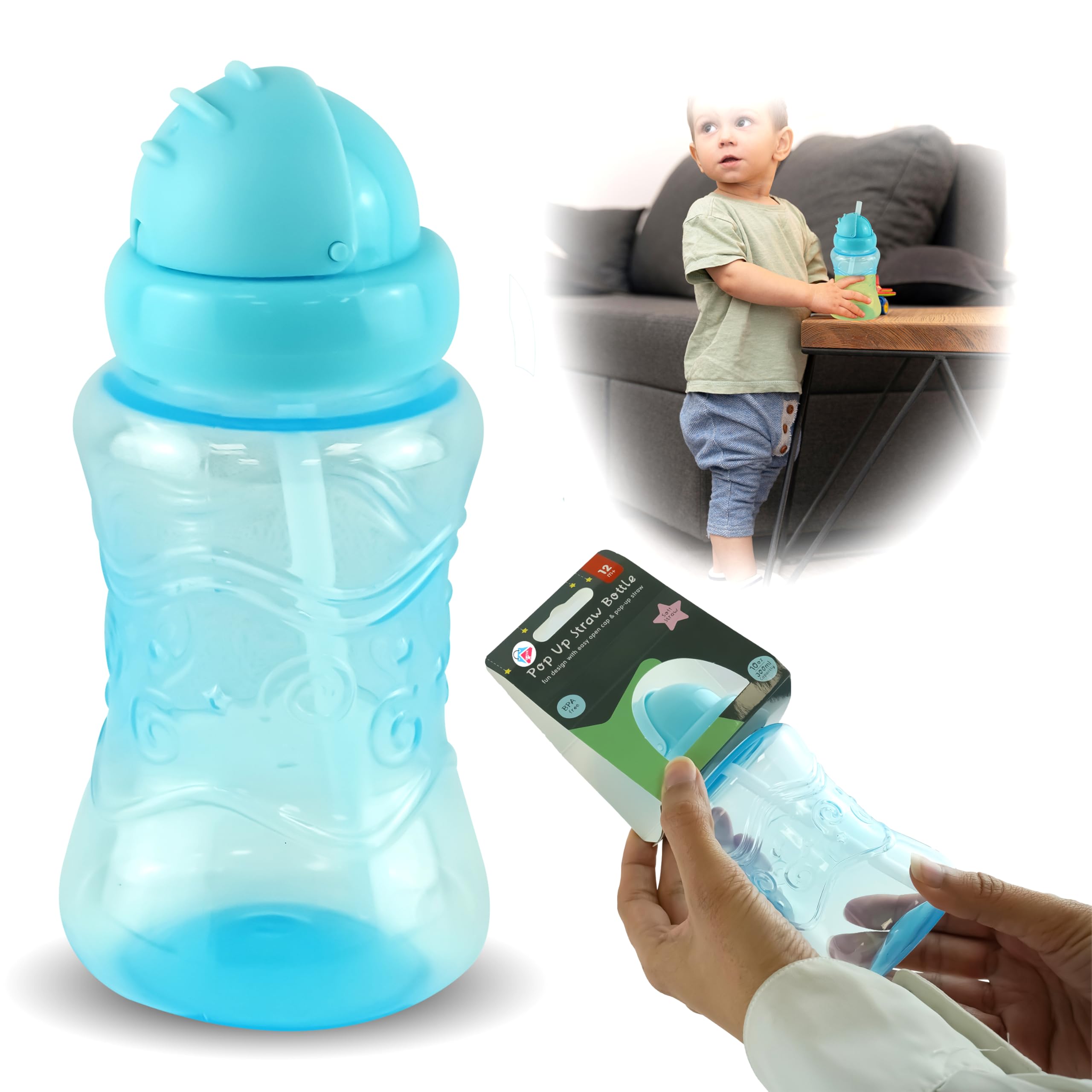 Blue Baby Sippy Cup with Pop-Up Straw 300ml - BPA Free, Screw Cap, Weighted Straw - Perfect Non-Spill Beaker for Babies and Toddlers 12+ Months