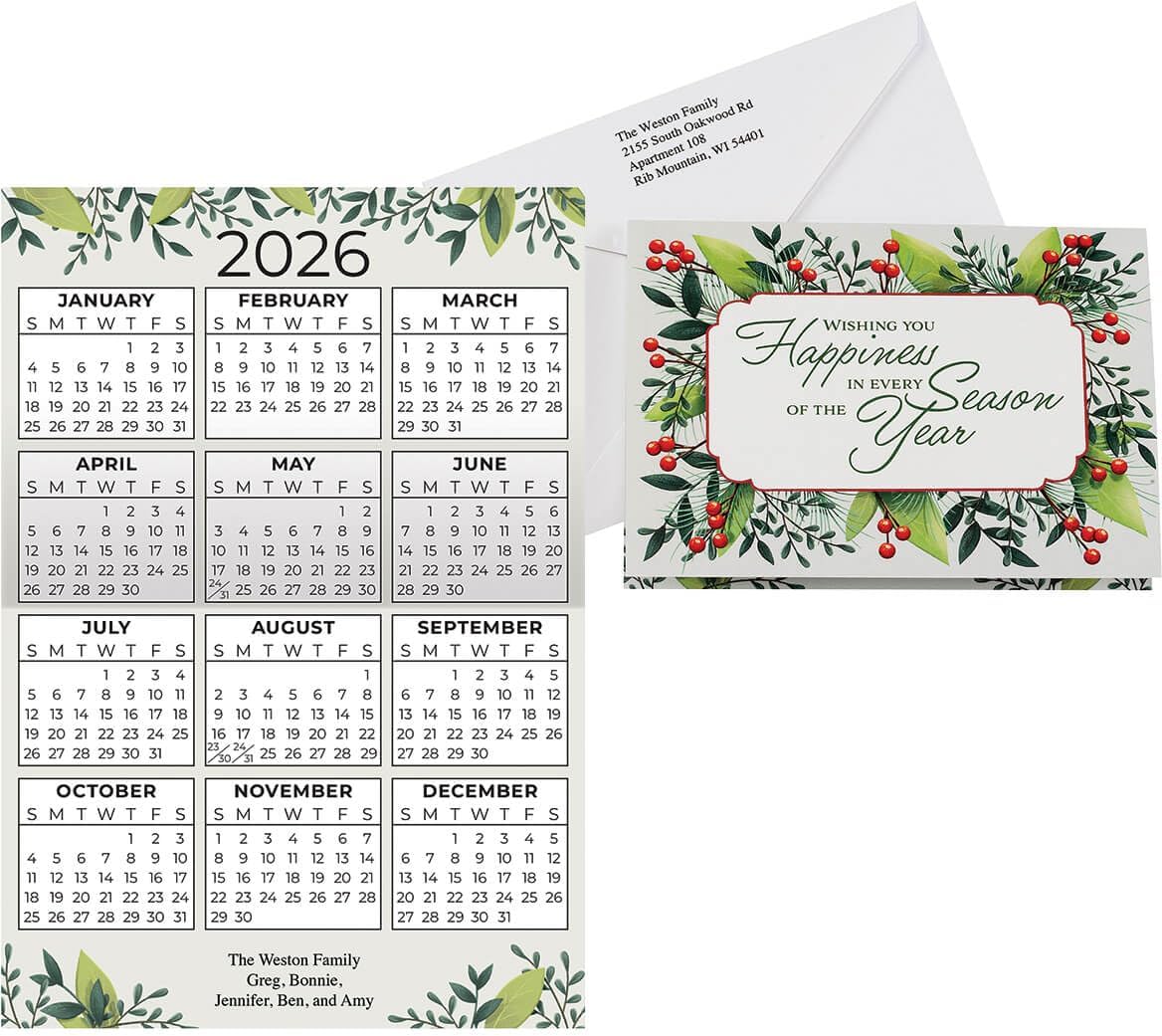 HOLIDAY PEAK Custom Floral Border Calendar Card Set of 20, Card and Back of Envelope Personalization