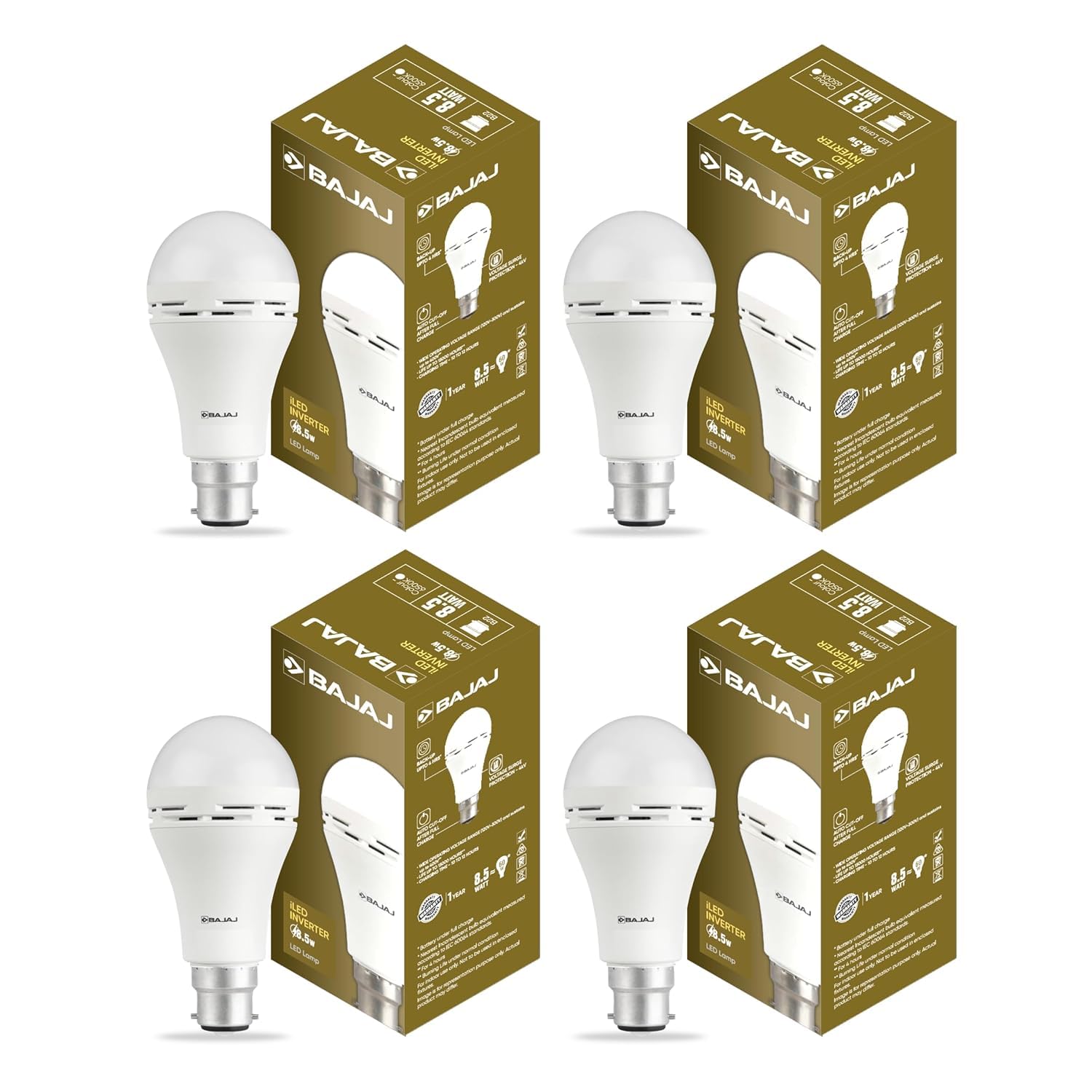 Bajaj iLED 8.5W Rechargeable Emergency Inverter LED Bulb | Cool Day Light | Upto 4 Hours Battery | B22D | (Pack of 4, White)