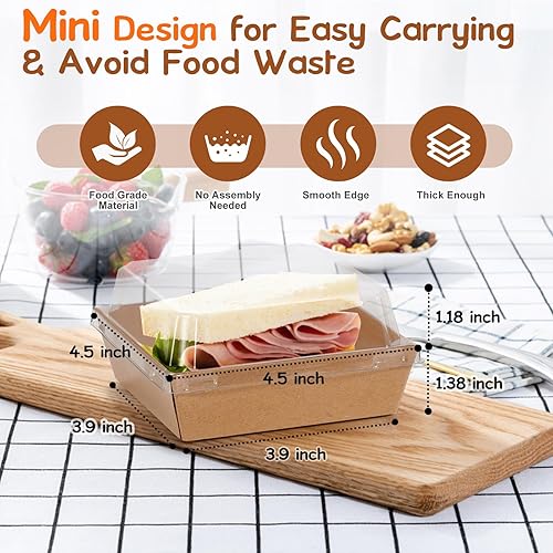 Miniatura 2 de Cinccoke Mini cajas de charcutería con tapas transparentes, 4.5 x 4.5 pulgadas, paquete de 20 cajas de postre marrones, cajas cuadradas desechables