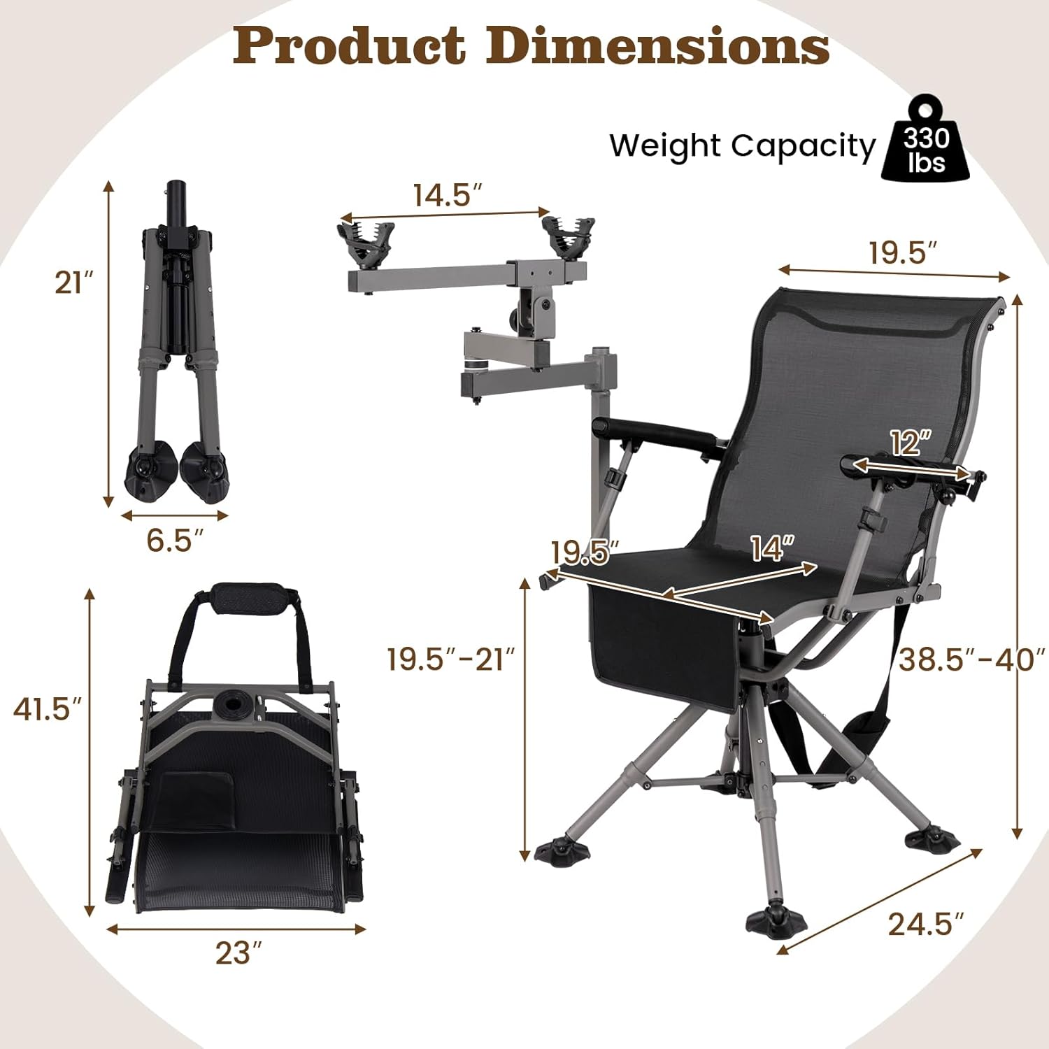 Giantex 360° Swivel Hunting Chair with Gun Rest, Adjustable Armrests, Telescopic Legs, All-Terrain Duck Feet, Shoulder Strap, 330 Lbs Capacity, Outdoor Ground Blind Seat, Folding Deer Hunting Seat
