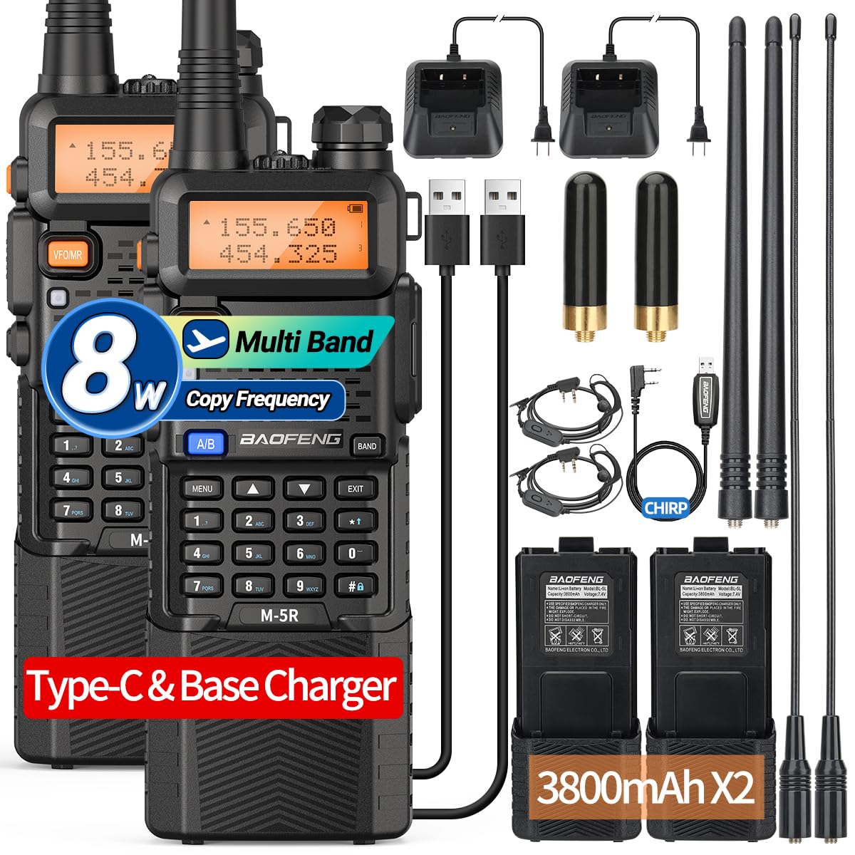 Ham Radio BAOFENG UV-5R 8W New Ver. Long Range UV5R Handheld Walkie Talkies USB-C Rechargerable 3800mAh Battery Copy Frequency M-5R 5RX Two Way Radio USB Programming Cable for Hunting Hiking,2 Pack