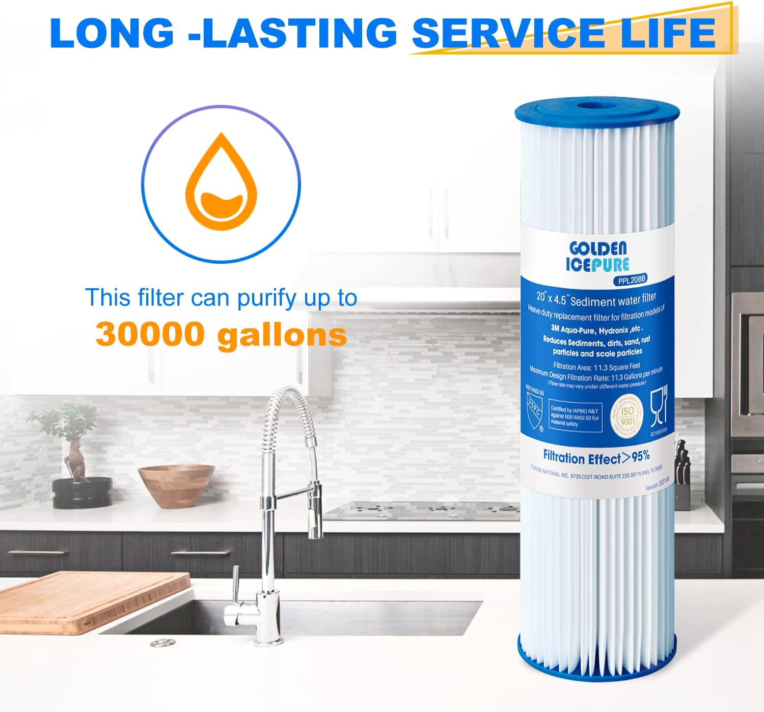 GOLDEN ICEPURE 5 Micron 20" x 4.5" Whole House Sediment Pleated Water Filter Compatible for ECP5-BB, AP810-2, HDC3001, SPC-45-1005, CP5-BB, ECP1-20BB, 2PACK