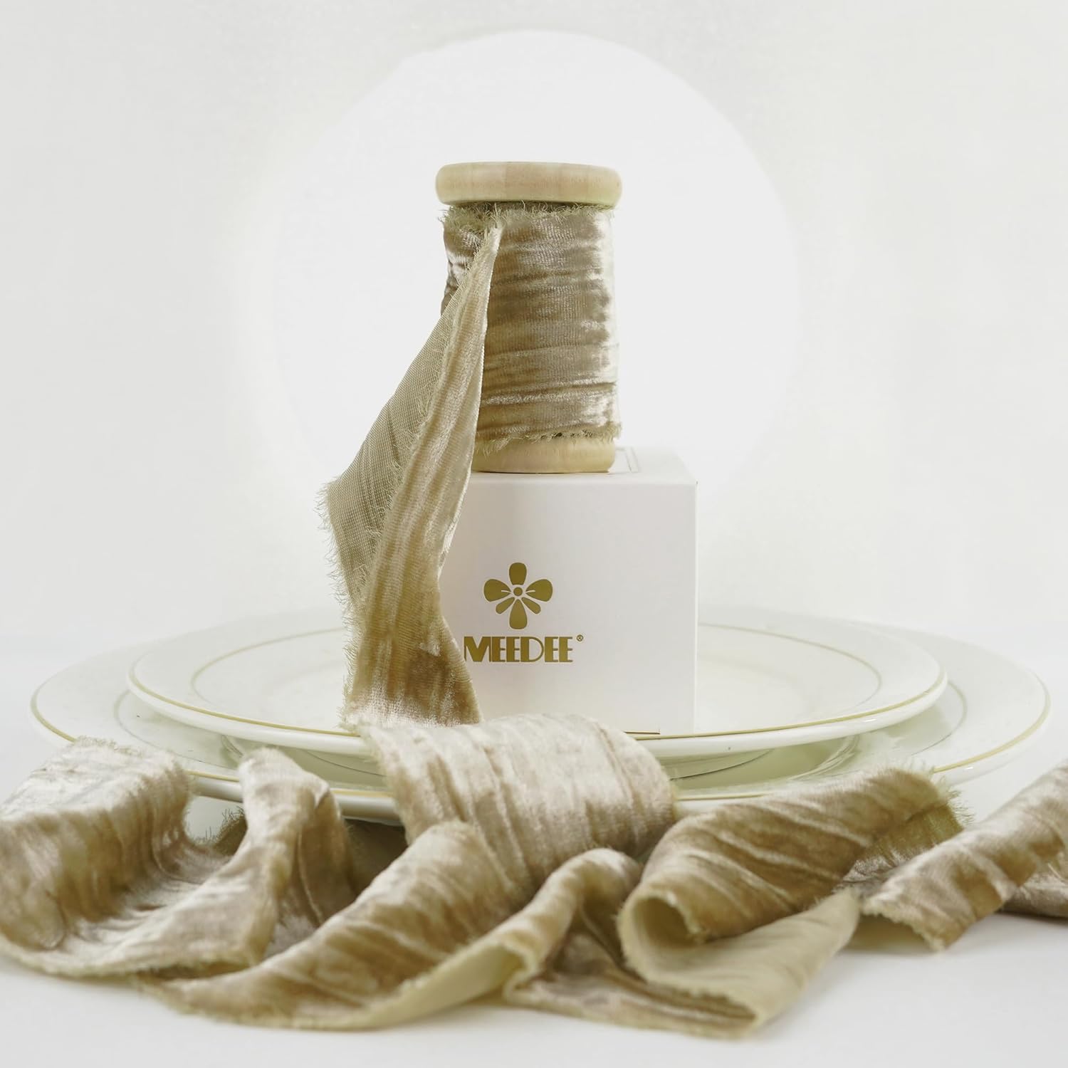 MEEDEE Light Brown Velvet Ribbon 2 Inch Frayed Edge Silk 2 Rolls 4 Yards Crinkle Crushed Thick for Christmas Tree, Gift Wrapping, Holiday Decor Brown Light 2 inch