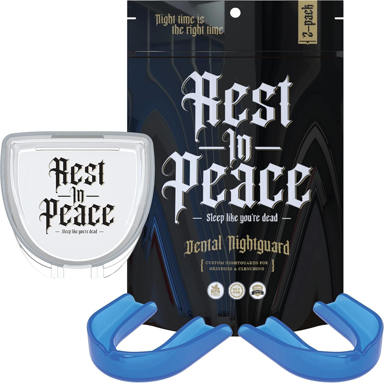 Rest in Peace Night Guard for Braces - Pack of Two Moldable Mouth Guard for Teeth Grinding Clenching Bruxism 2 Pack (Adult, Blue)