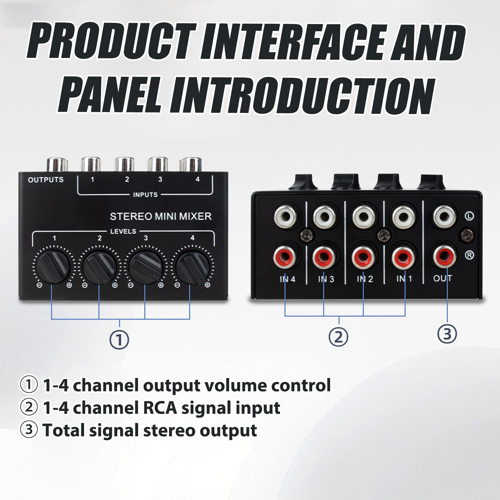 Mixer audio stereo, mixer passivo, mixer audio stereo a 4 canali con controllo del volume indipendente, mixer DJ compatto per studio, club, bar, strumenti misti e PC