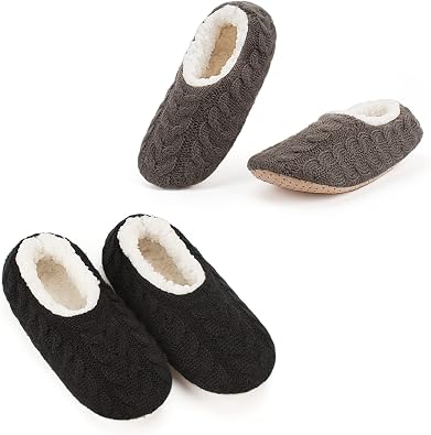 Cozylook 2-Pair Slipper Socks for Women Non Slip Soft Sole Slippers | Fuzzy or knit uppers, plush sherpa lining, gripper dots, elastic heel, warm indoor comfort, gift-ready packaging
