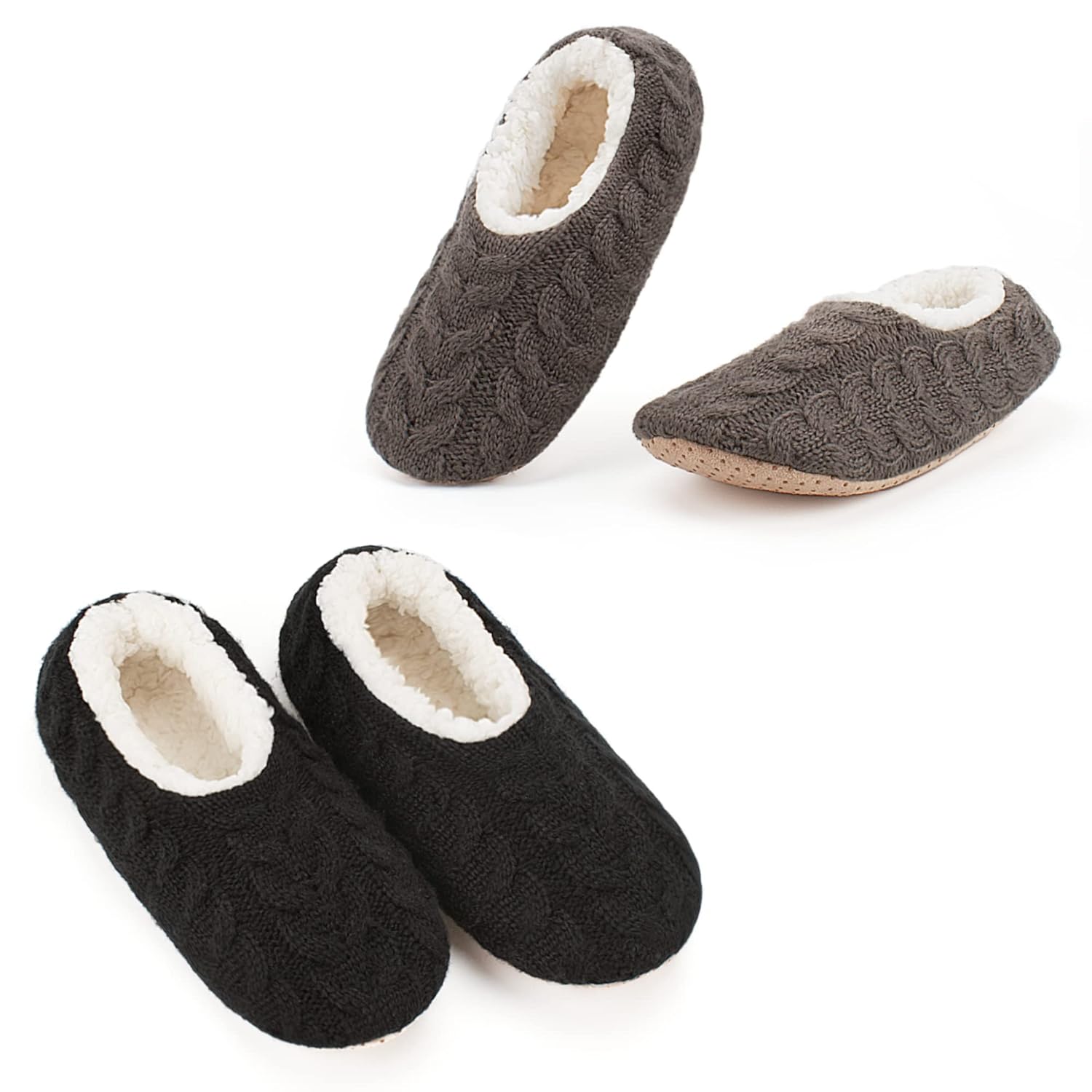 Cozylook 2-Pair Womens Soft Sole Slipper Socks with Grippers Thick Warm Cozy Sherpa Lined Home Socks Set Cable