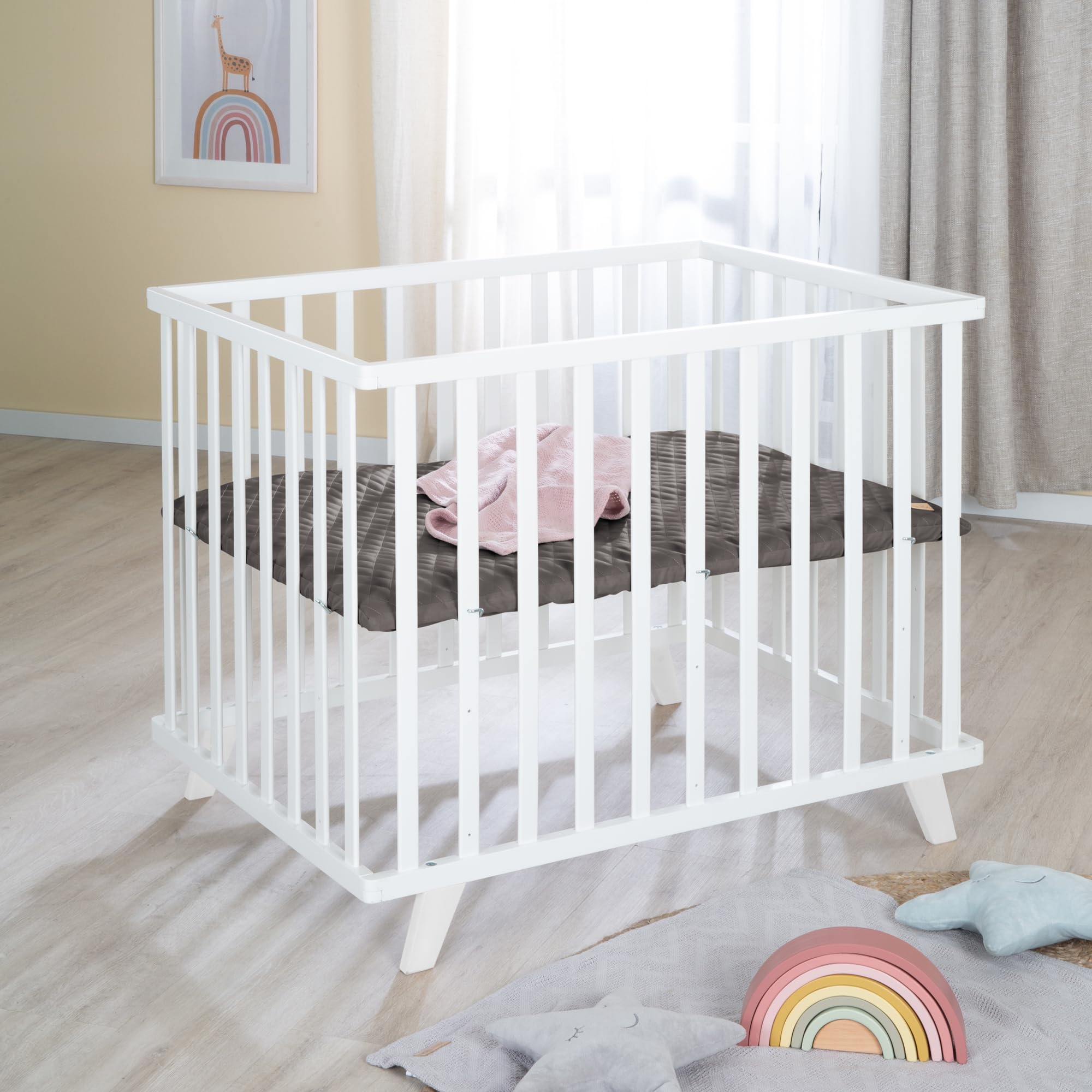 roba Kojec dla niemowląt 75 x 100 cm, z drewna, biały, z wkładką ochronną, pikowany, z regulacją wysokości, nóżki z litego drewna