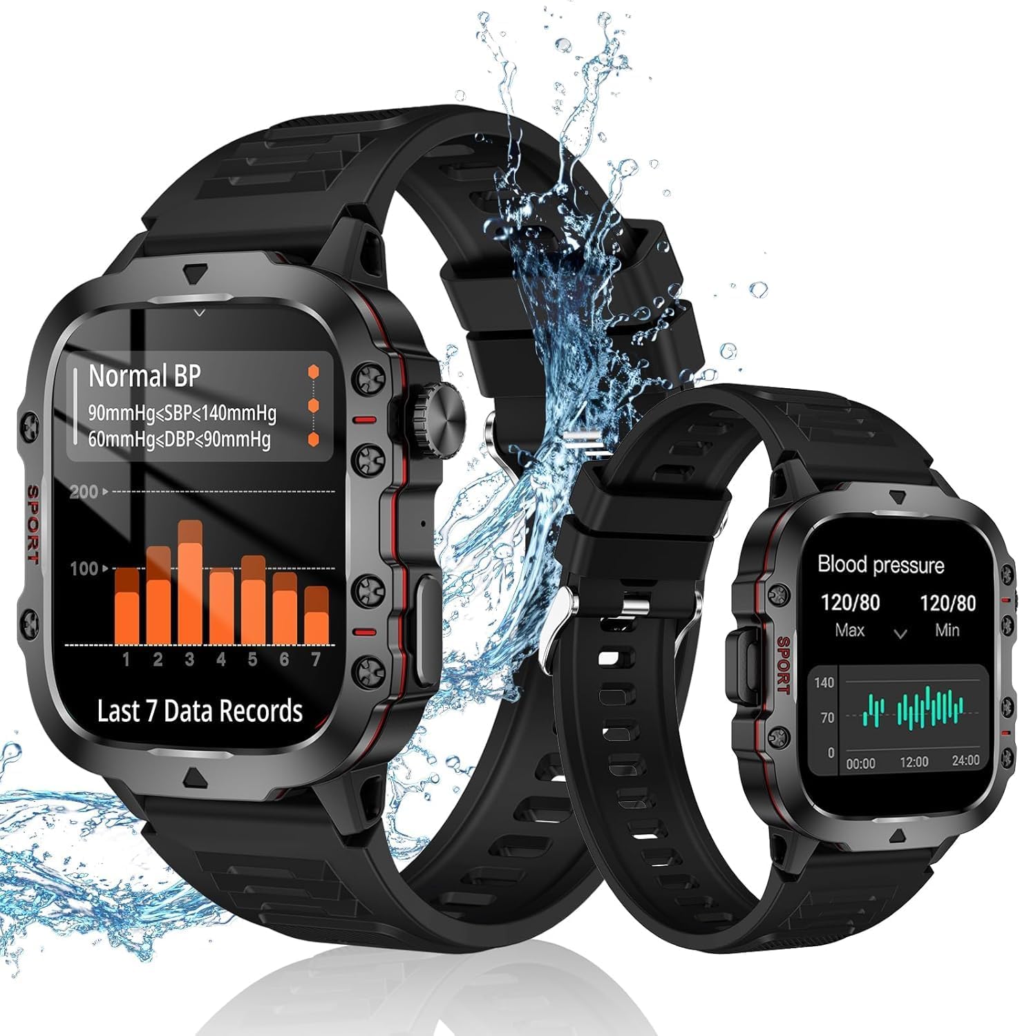 Blood Pressure Watch Men, IP68 Waterproof Blood Pressure Watch, 1.96" High-Resolution Touch Screen Smart Fitness Tracker with 100+ Sport Modes Compatible with Android iOS