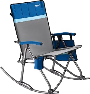 PORTAL Oversized Folding Rocking Camping Chair Portable Outdoor Rocker with High Back Hard Armrests Carry Bag, Supports 400 lbs, Padded Back, Grey&Blue