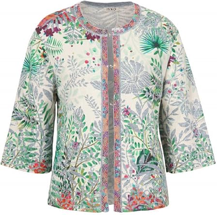 IVKO Floral Jungle Printed Jacquard Jacket with Magnetic Snaps in White Pastel Knit Cotton Cardigan Pullover Sweater