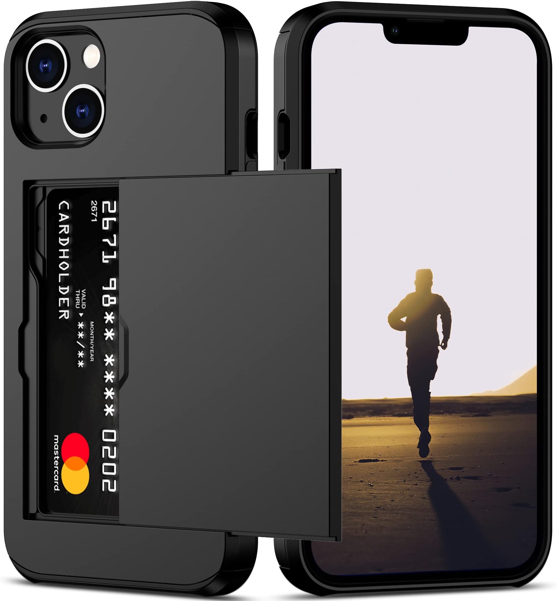 Nvollnoe for iPhone 13 Case with Card Holder Heavy Duty Protective Dual Layer Shockproof Hidden Card Slot Slim Wallet Case for iPhone 13 for Women&Men(Black)