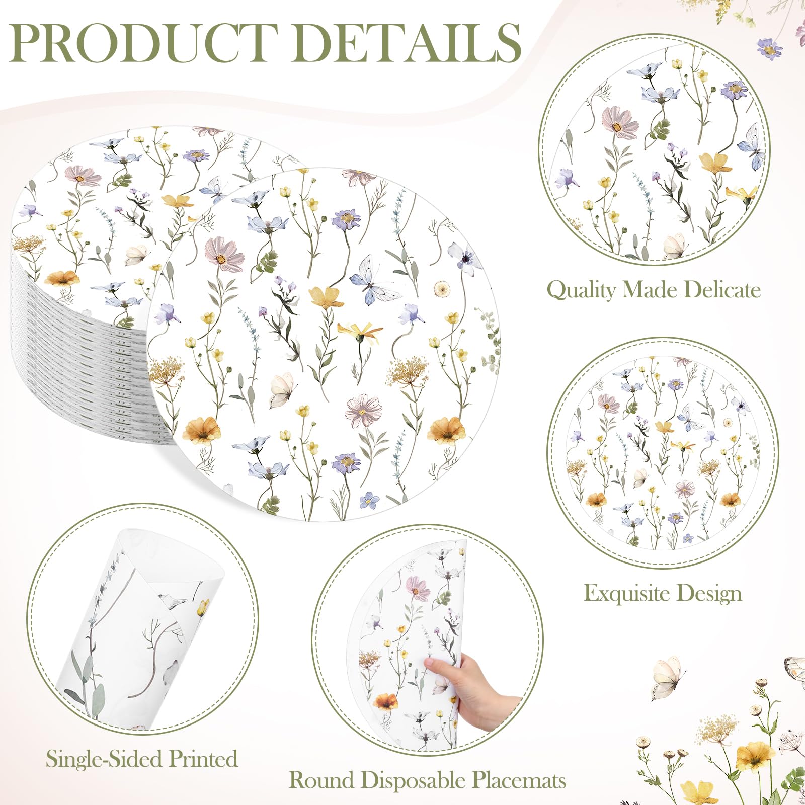 Paquete de 100 manteles individuales de papel de flores silvestres de 13 pulgadas, manteles individuales redondos florales para fiestas, mariposas, flores, manteles individuales desechables