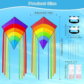 2 Pcs Rainbow Diamond Kites for Children, Kite for Kids | Colorful Kite for Boys Girls with Long Tails, Simple Flying Kite for Kids and Adults, Flying Toys for Beach Game Outdoor