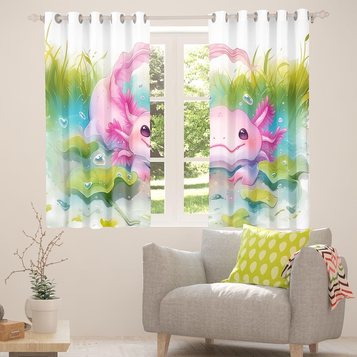 Erosebridal Cute Axolotl Blackout Curtains Pink Axolotl Window Curtains 2 Panels,42X90 Inch,Cartoon Ocean Sealife Window Treatments Drapes for Kids Girls Boys Green Marine Salamander Curtain