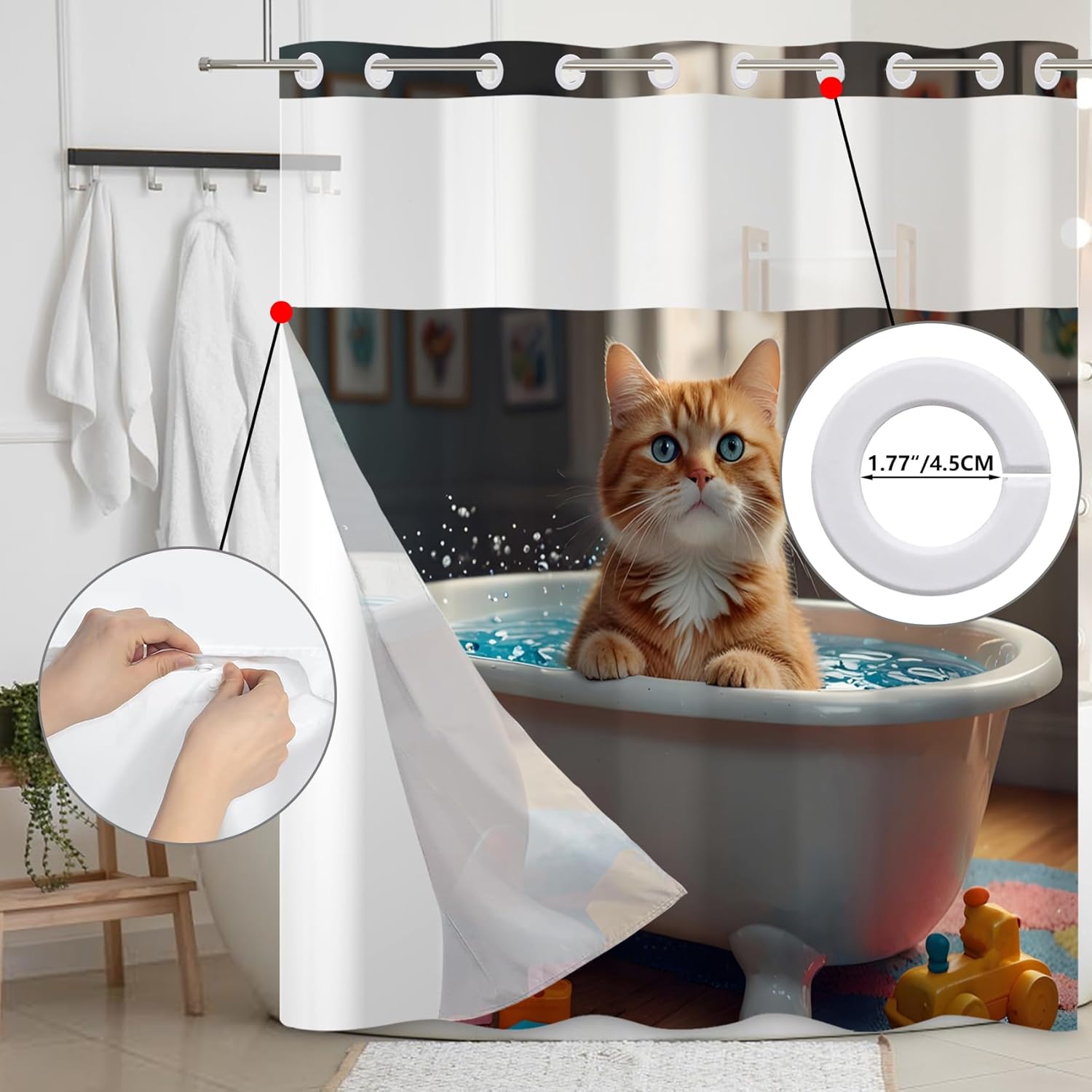 Baocicco No Hook Cute Cat Shower Curtain with Snap in Fabric Liner Set Pet Animals in Bath Kids Double Layer Bathtubs Hotel Curtain Set See Through Top Window Open Grommet Bath Curtains 71x74 Inch