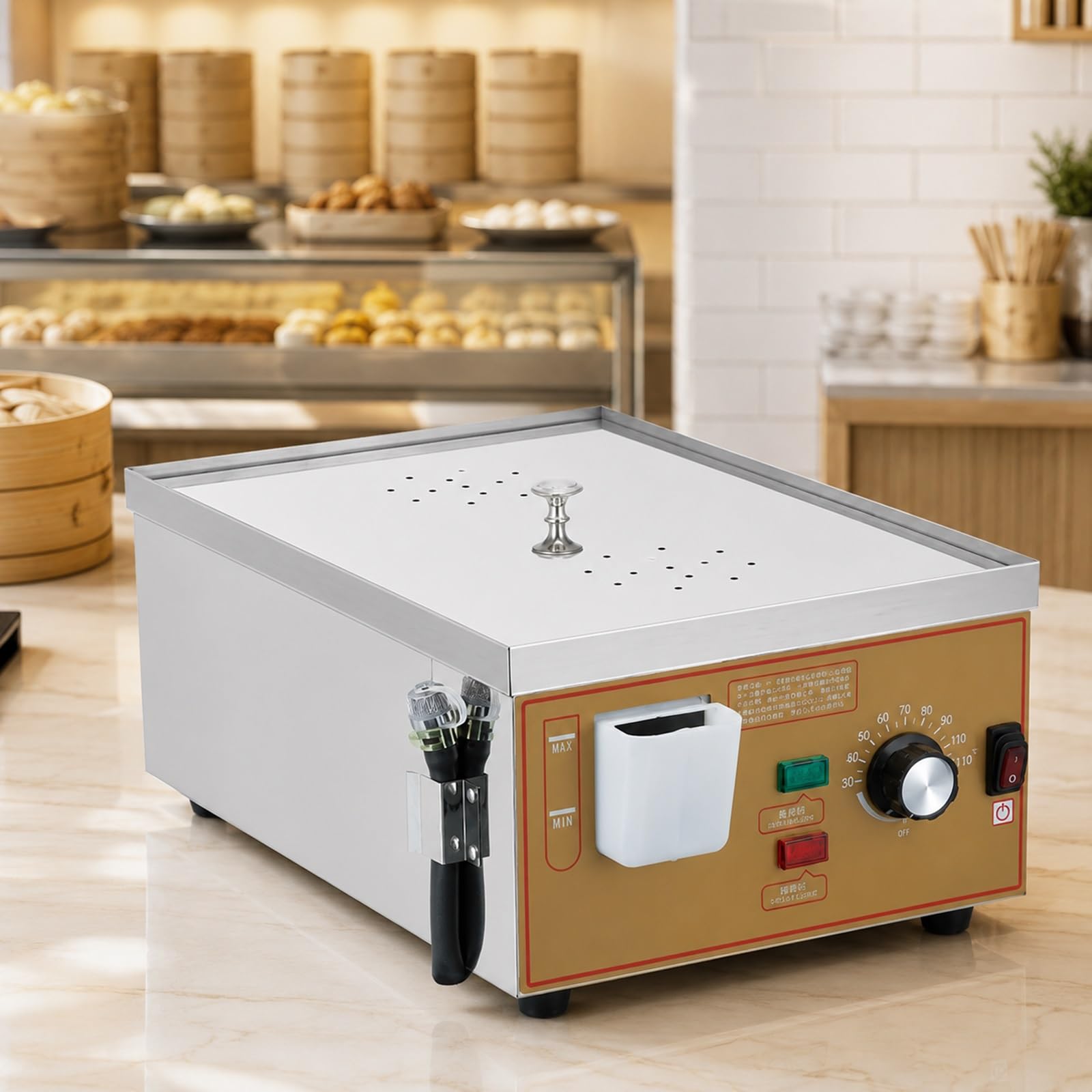 Macchina Cuocivapore Elettrica Commerciale per Panini Bao e Ravioli Cinesi | Attrezzatura per Snack Bar con Fornitura d'Acqua Indipendente, Avviso di Mancanza Acqua e Cestelli 13-20cm(2-Hole)