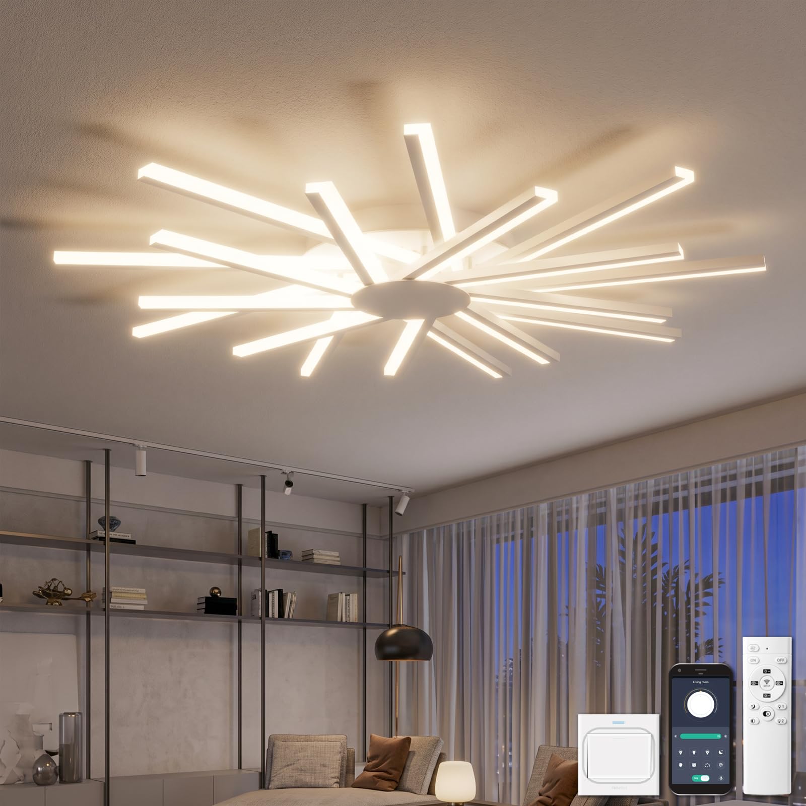 Φ96cm Lámparas de Techo Salón, Ceiling Light Grande Moderna, Plafones de Techo con 18 Luz, Regulable, Luz de Techo con Mando a Distancia, Función de Memoria, Blanco