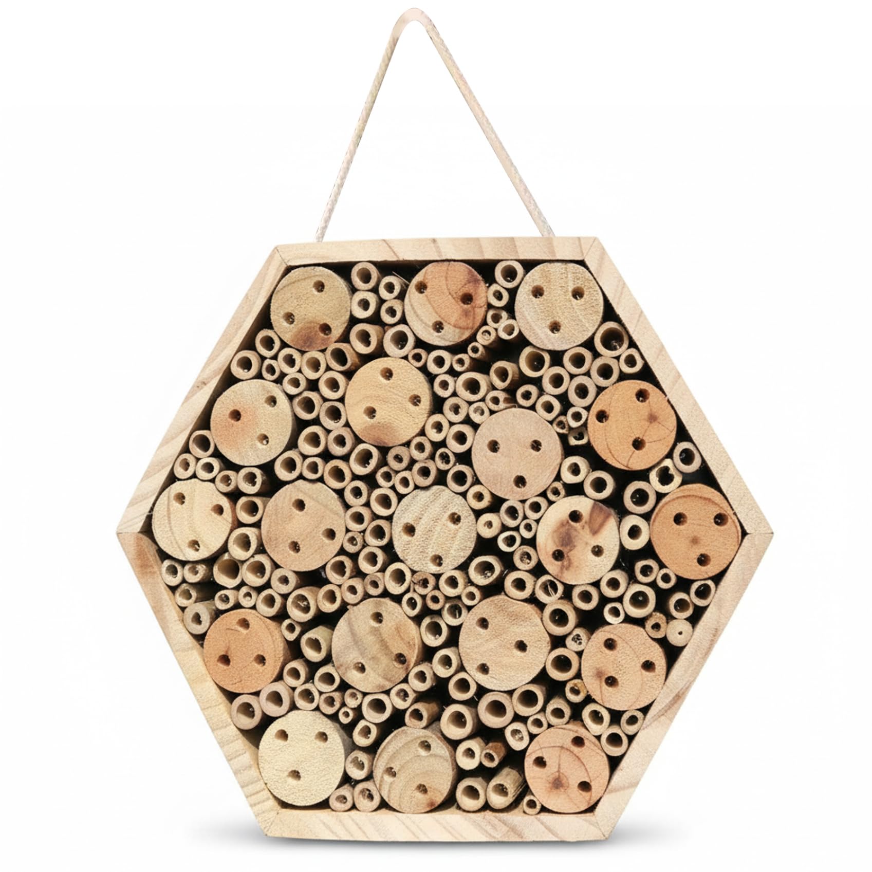 Sechseckiges Bienenhaus aus Holz – Naturhotel mit Hängeseil, Maurerbienenhaus für den Garten im Freien, um Bestäuber anzulocken