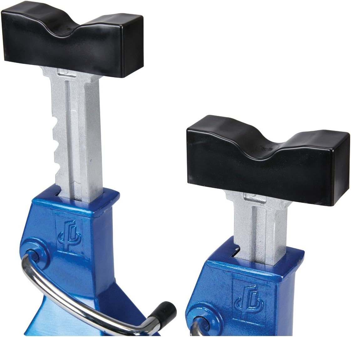 Pittsburgh Automotive Rubber Jack Stand Pads installed on blue jack stands.