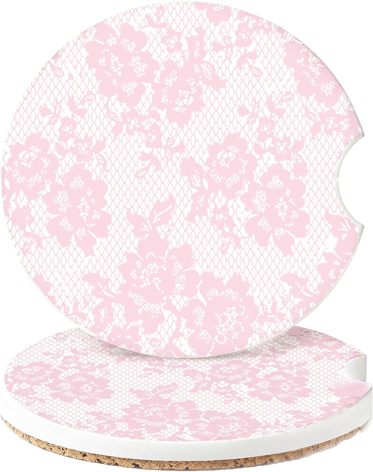 Pink Lace Ceramic Car Coasters for Cup Holders, 2 Pack Absorbent Car Cup Holder Coasters with Cork Backing, Cute Coquette Car Accessories for Women, Girly Car Interior Decor