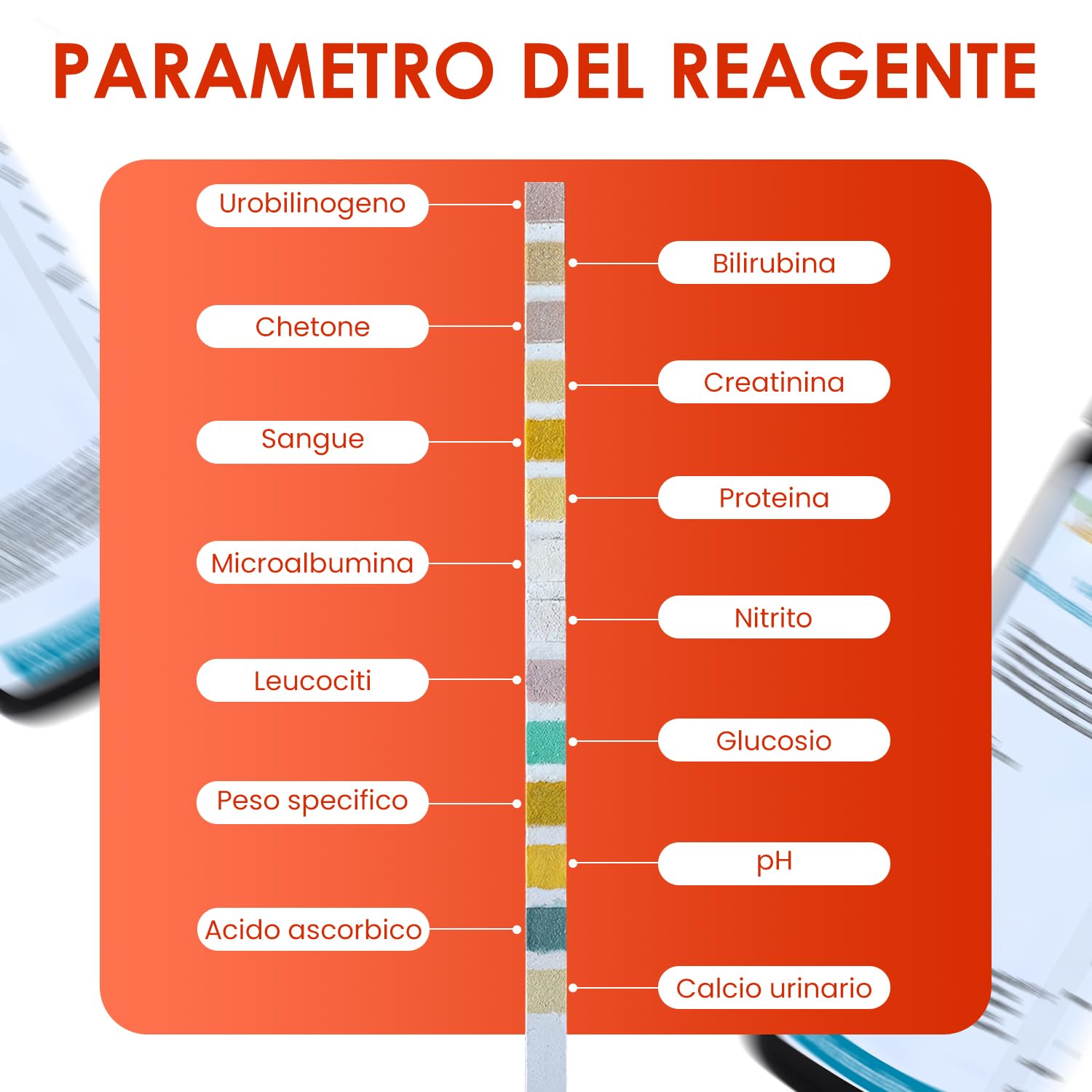 Strisce reattive per urine VED 100 x 14 in 1 | Strisce reattive per urine a 14 parametri per urobilinogeno, bilirubina, chetoni, sangue, proteine, peso specifico, pH, acido ascorbico, calcio urinario.