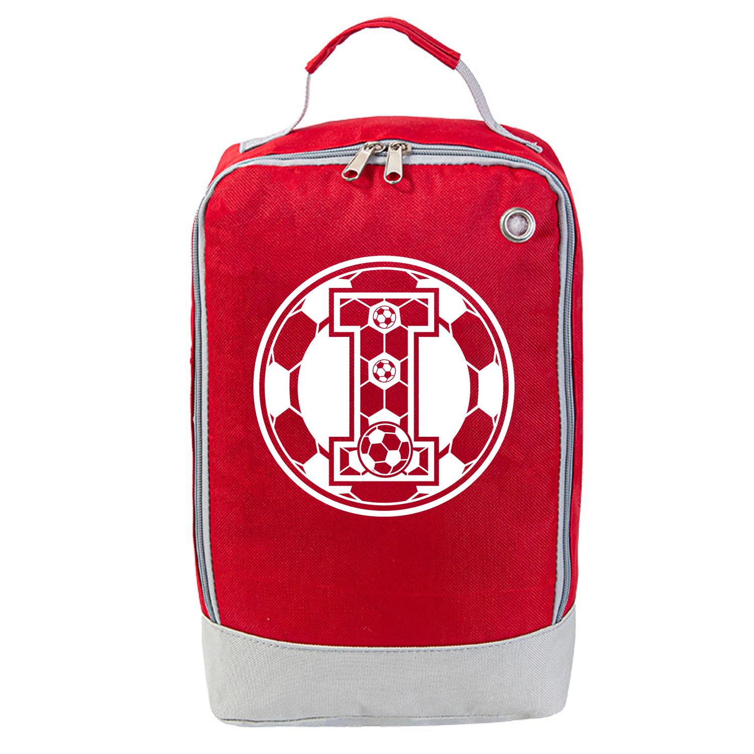 JOUWUI Personalised Football Boot Bag, Waterproof Sports Shoe Storage, Red and Grey Design with Initial, 20x10x32cm, for Boys, Girls, Adults, PE and School (Football Boot Bag, Initial I)