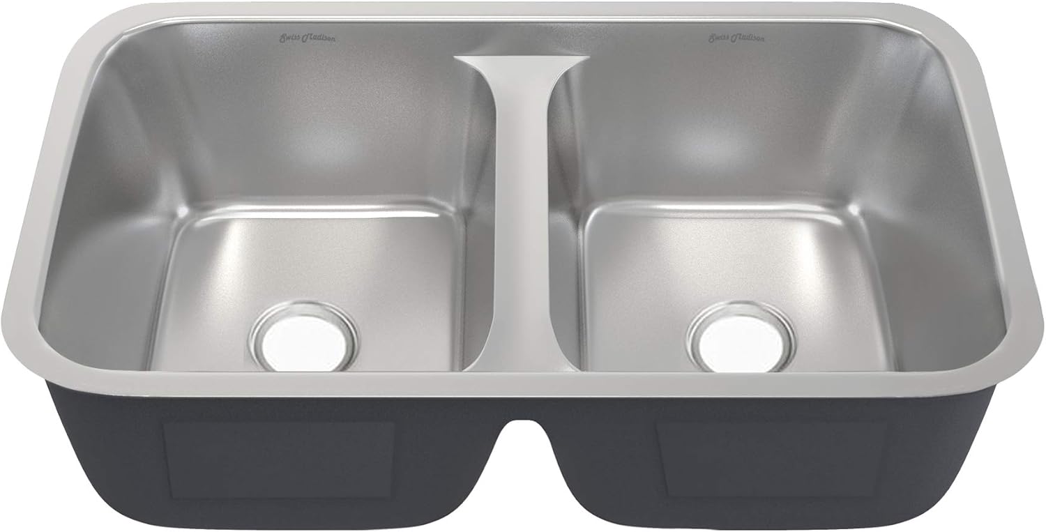 Swiss Madison Well Made Forever SM-KU631 Toulouse 32 x 19 Low Divide Stainless Steel, Dual Basin, Under-Mount Kitchen Sink, brushed