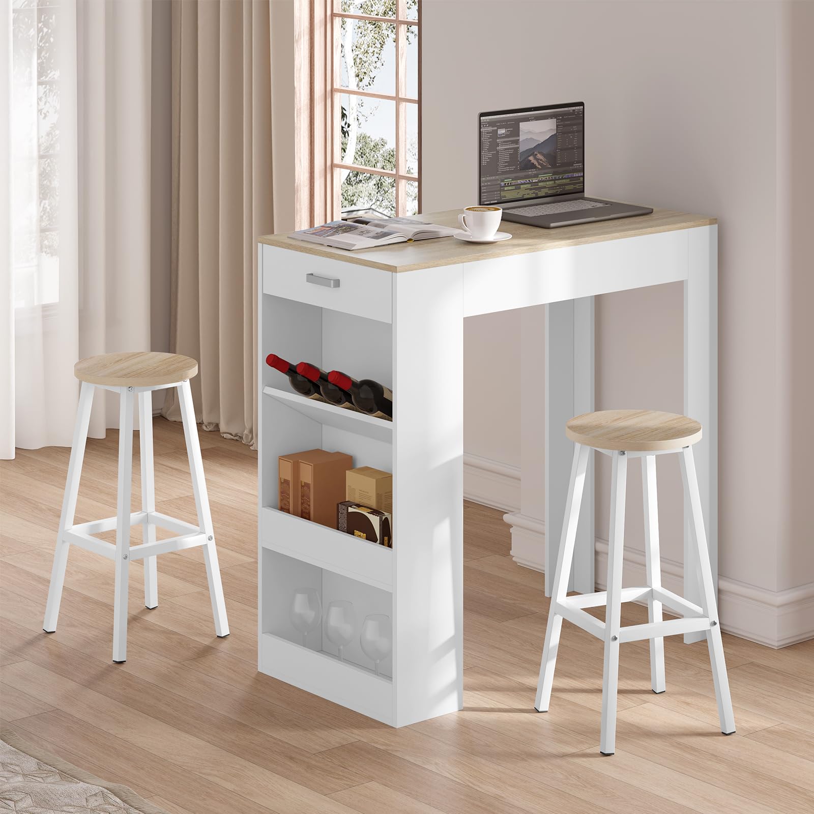 Sgabello da Bar Set di 2, Sgabello da Cucina con Poggiapiedi, Sgabello Alto in Stile Moderno/Industriale per Bar, Caffè, Isola della Cucina, Legno chiaro