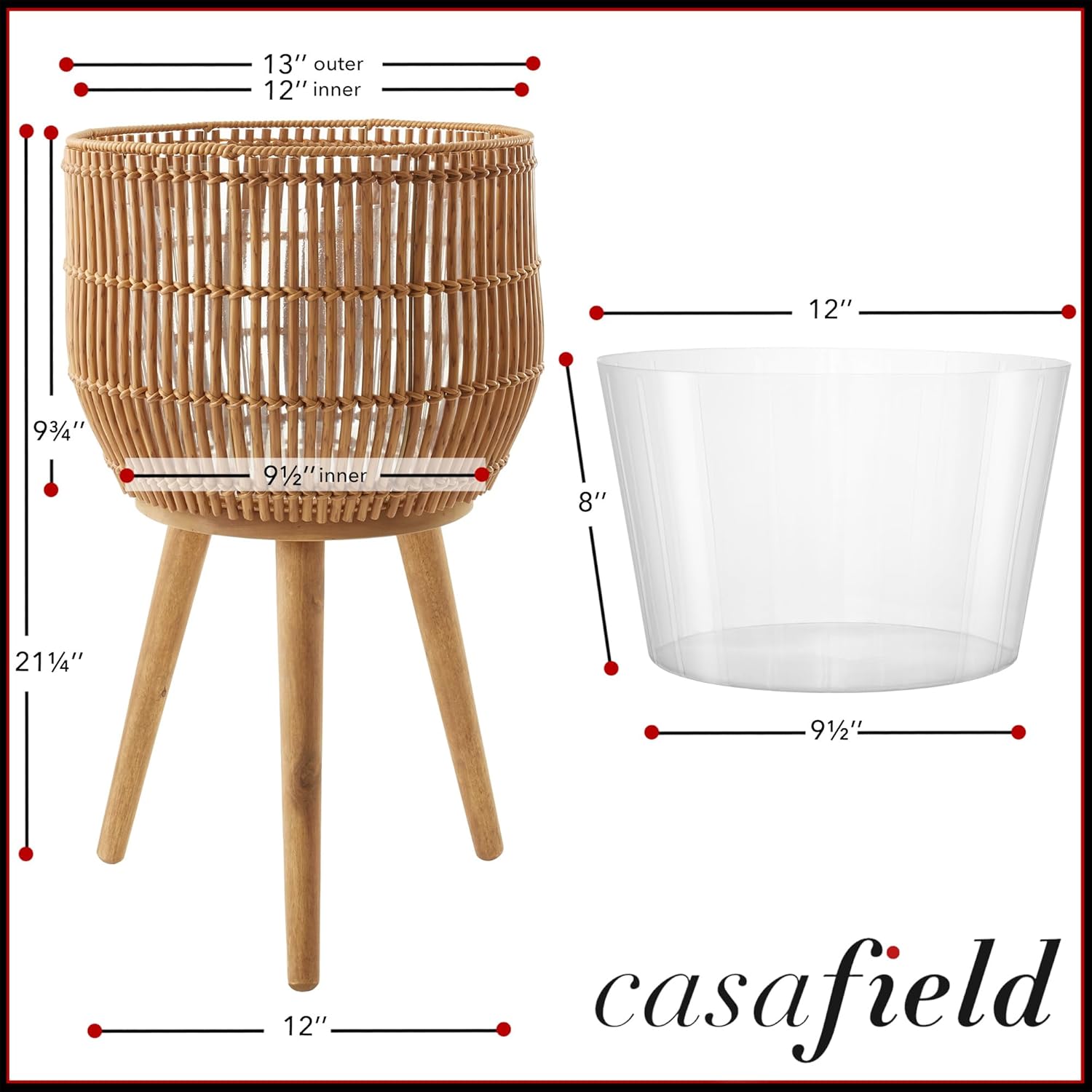 Casafield Indoor Planter with Stand, Natural Floor Planter with Wood Legs, Large Plant Pot Cover with Liner for Houseplants, Flower Pots and Trees