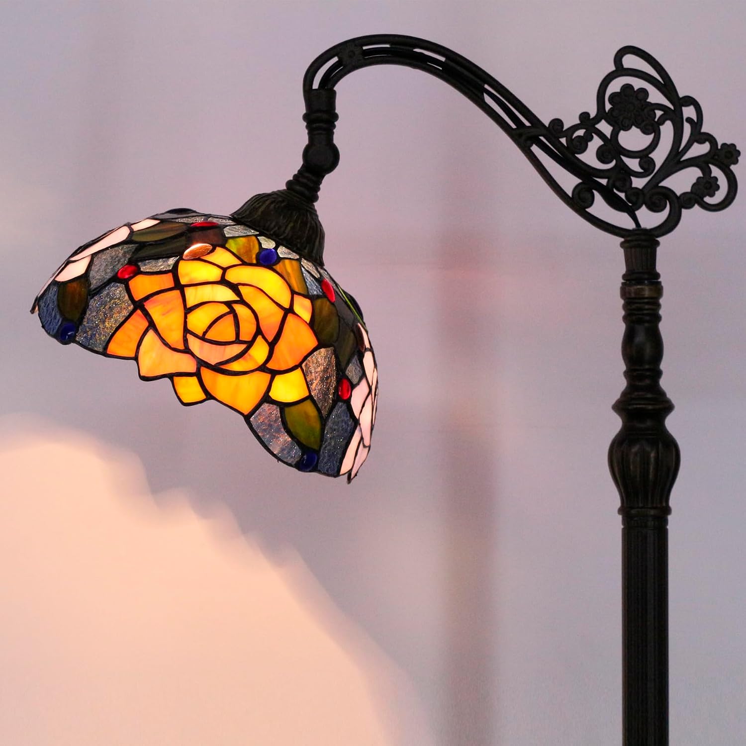Tiffany Floor Lamp Stained Glass Orange Red Rose Arched Reading Light Gooseneck Adjustable Corner Standing Lamp 10X16X64 Inch for Bedroom Living Room Home Office