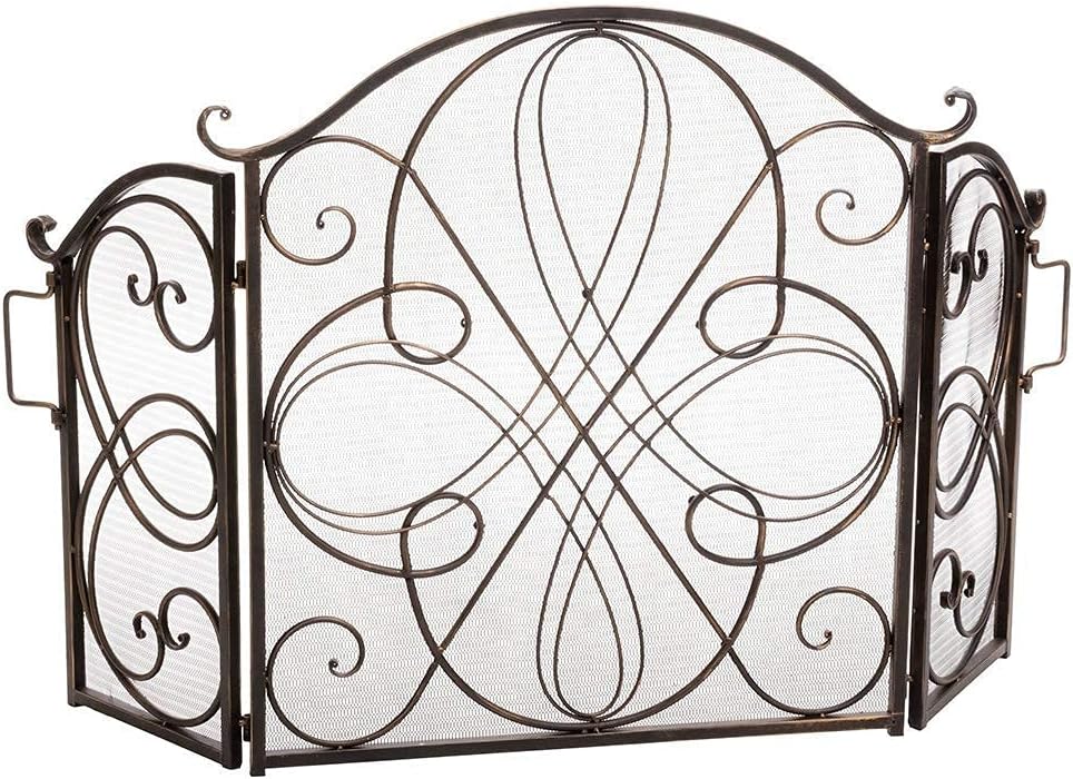 Fireplace Screen Guard, FireplaceProtection Wrought Iron 3 Panel Fire Place Screens， Extra LargeGuard with Mesh， Baby Safe Proof Wood Burning Ember Fence， 52×33.5inch (Co