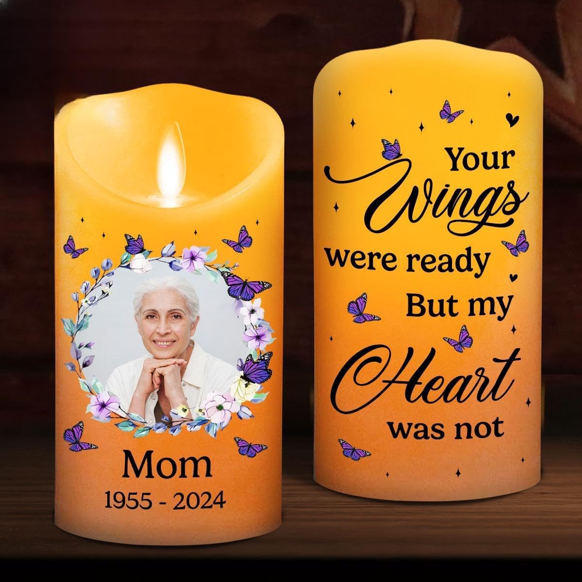 Custom Photo Your Wings Were Ready But My Heart Was Not LED Candle Sympathy Gift for Woman Man on Memorial Day Birthday Loss of Mom Bereavement In Heaven Flameless Candle Light Decor In Memory Of Mom