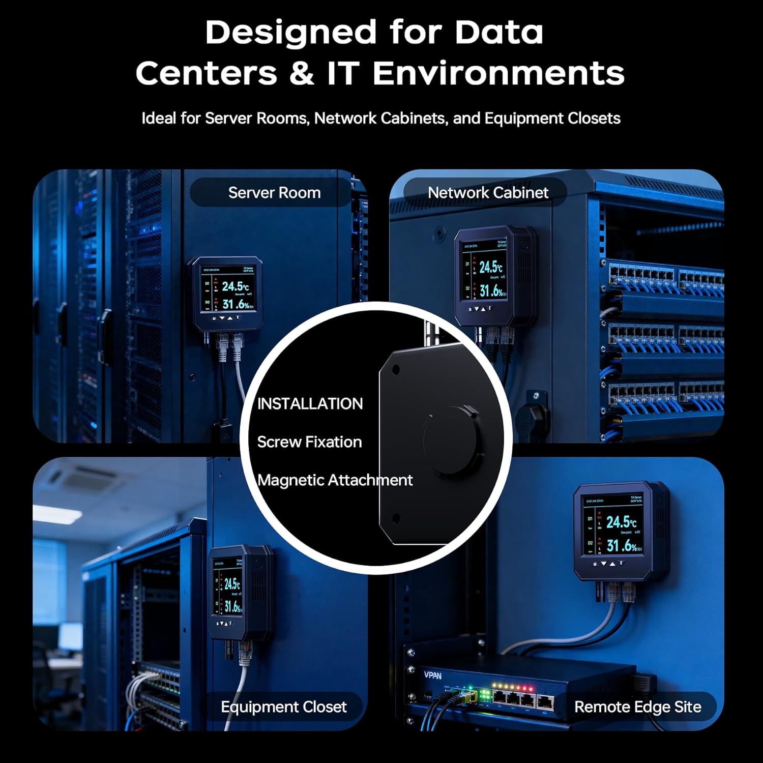 Ethernet Server Room Temperature Monitor, PoE Server Rack Temperature Humidity Sensor with Web Interface, SNMP Modbus MQTT Support, Dual Power, IP55, Data Logging, Alarm & Relay Output