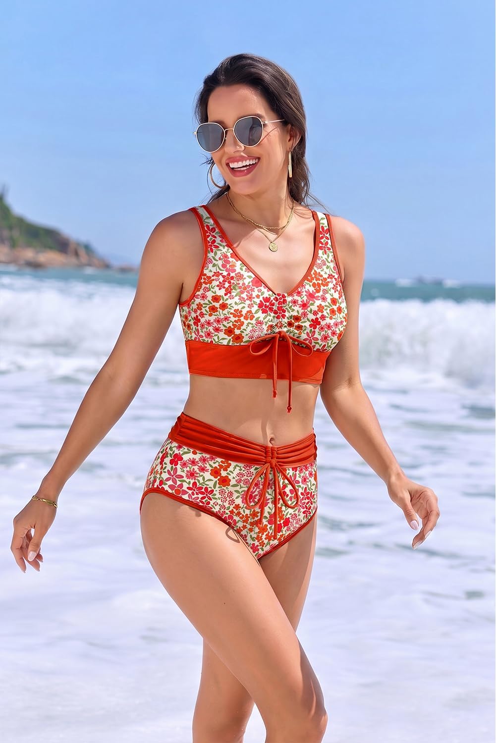 MARZXIN Women's High Waisted Bikini Sets Two Piece Sporty Swimsuits Color Block Tummy Control Vest Top Bathing Suit