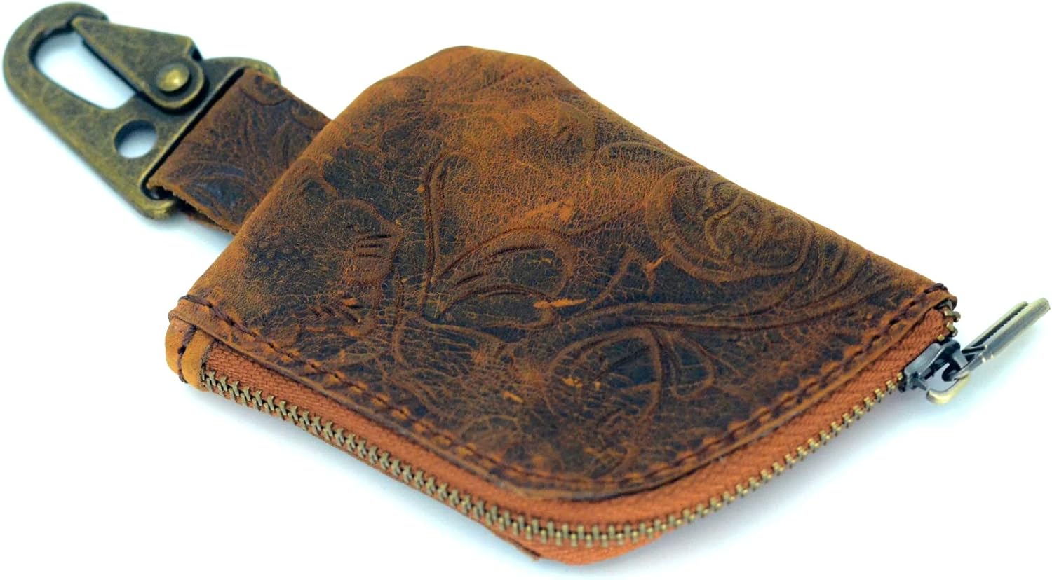 JJNUSA Genuine Leather Zipper Coin Purse Wallet With Key Car Smart, Change Purse, Coin Pouch Holder For Men Flower Brown
