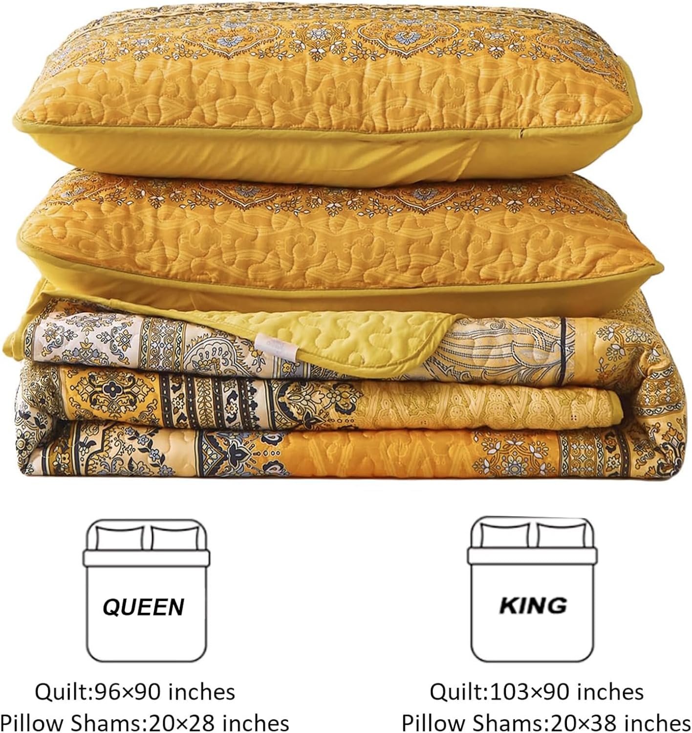 WONGS BEDDING Boho Queen Quilt Set, Yellow Orange Bohemian Queen Quilt Bedding Set, Lightweight Microfiber Bed Decor Bedspread for All Season 96"x90"(3 Pieces) - Image 7