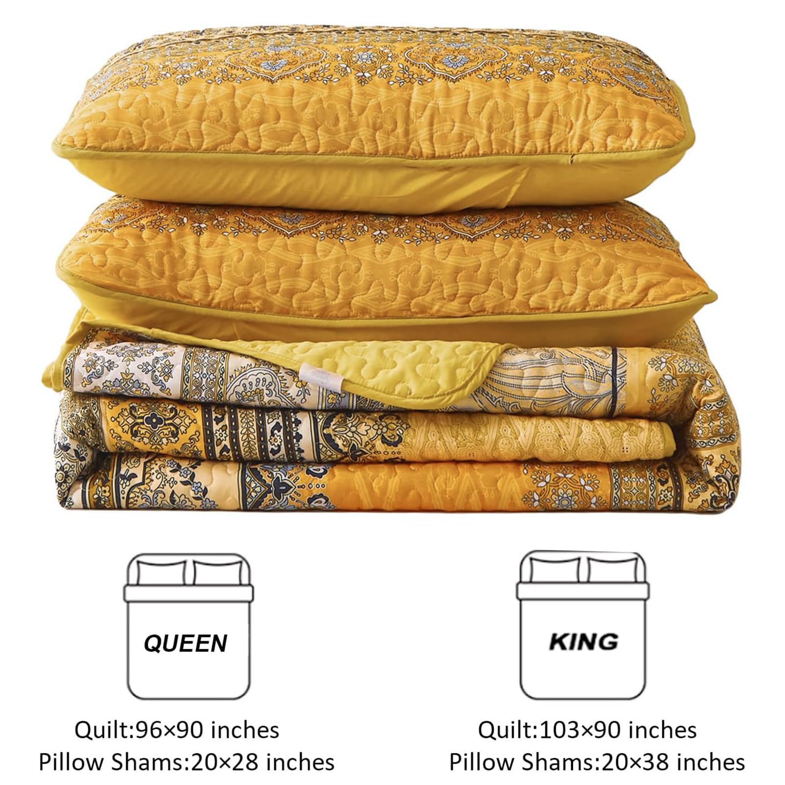 WONGS BEDDING Żółto-pomarańczowa kołdra boho w rozmiarze king size, lekka kołdra z mikrofibry, dekoracja łóżka na każdą porę roku, 260 x 229 cm (3 sztuki)