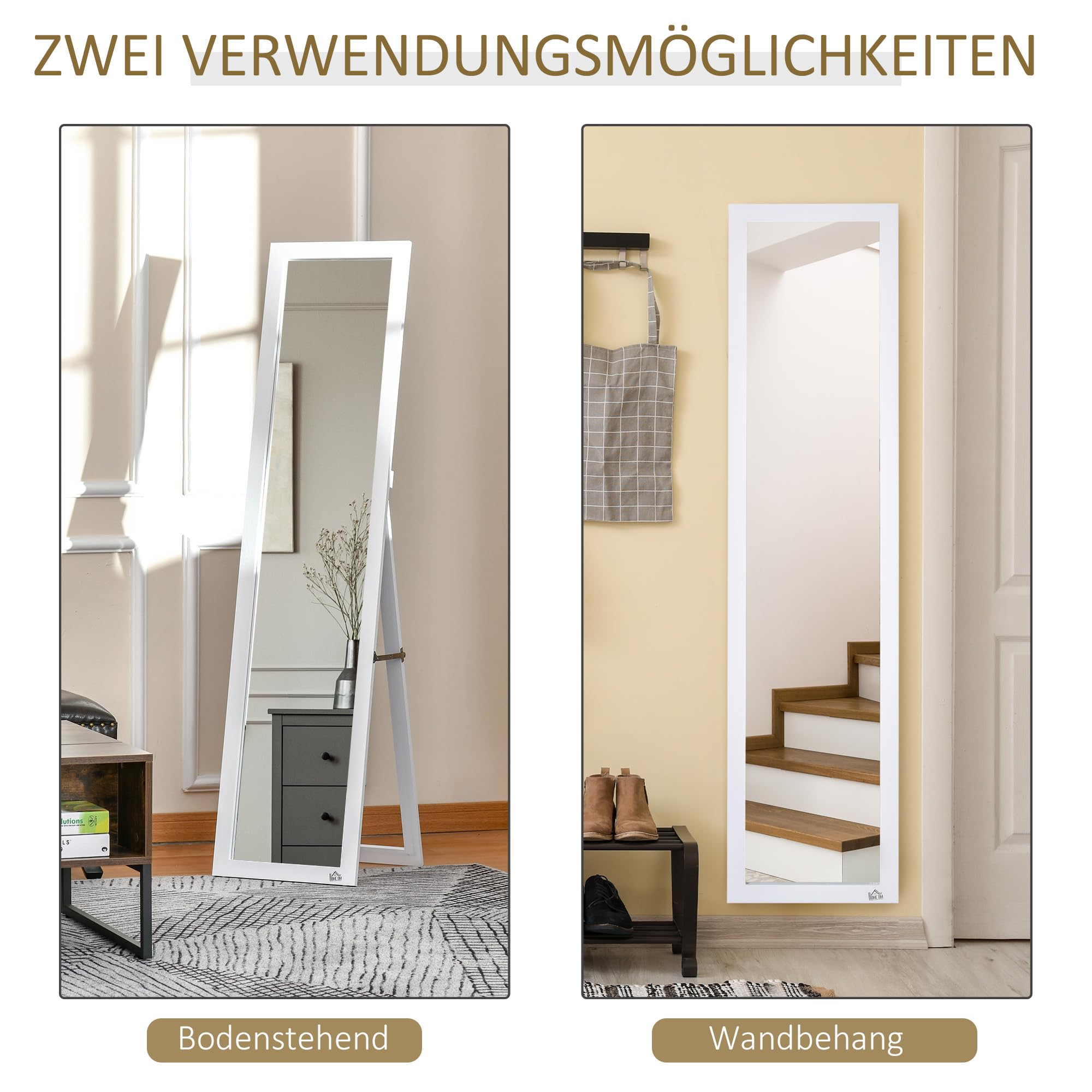 HOMCOM Ganzkörperspiegel, 154 x 37 cm Wandspiegel mit Ständer, Standspiegel für Wohnzimmer, Schlafzimmer, Weiß