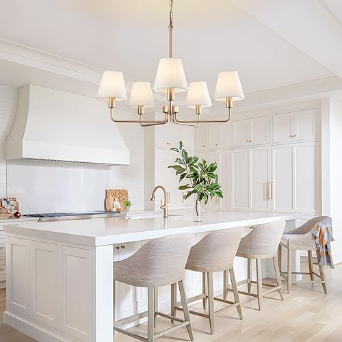 Miniatura 8 de Lámpara de araña de granja, moderna lámpara dorada para comedor con pantalla de tela blanca, 5 luces de altura ajustable, lámpara colgante