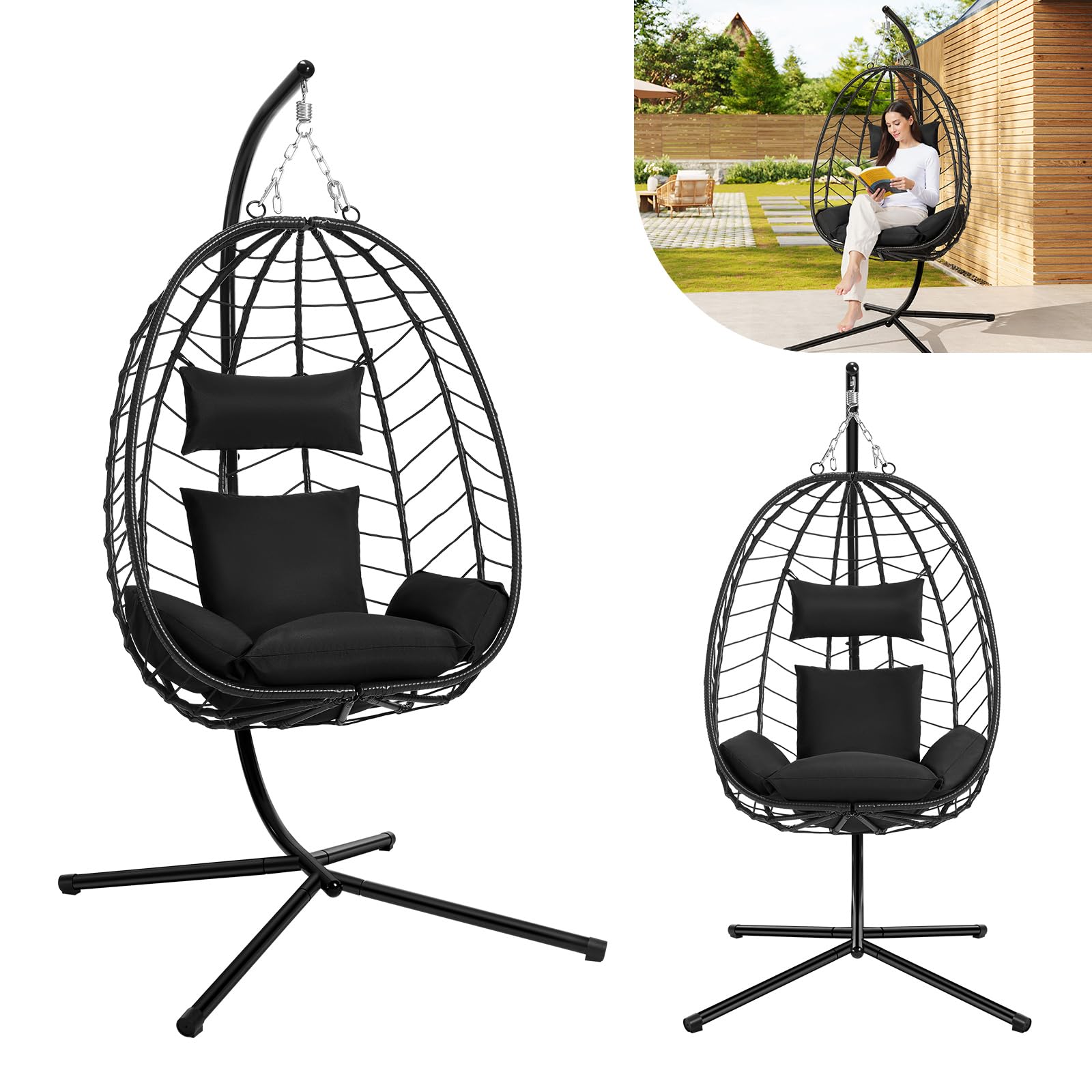Laneetal Fauteuil Oeuf Suspendu, Chaise Balançoire, avec Support en Métal, Coussin de Siège et Appui-tête, Charge 150kg, Rotin PE, pour Jardin, Balcon, Terrasse, 102x100x196cm, Anthracite