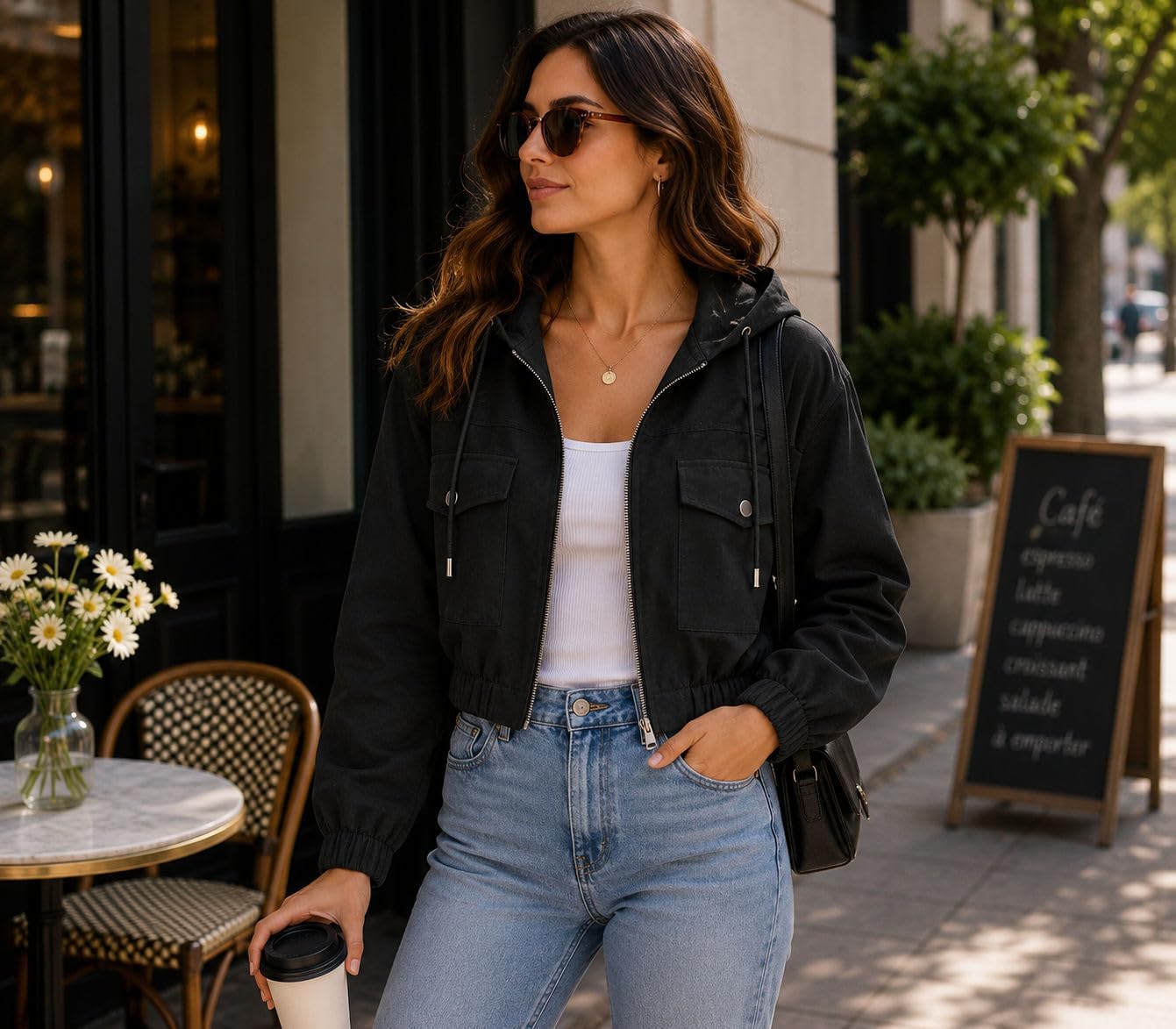Womens Cropped Hooded Zip Up Jacket Lightweight Casual Fashion Jacket with Flap Pockets